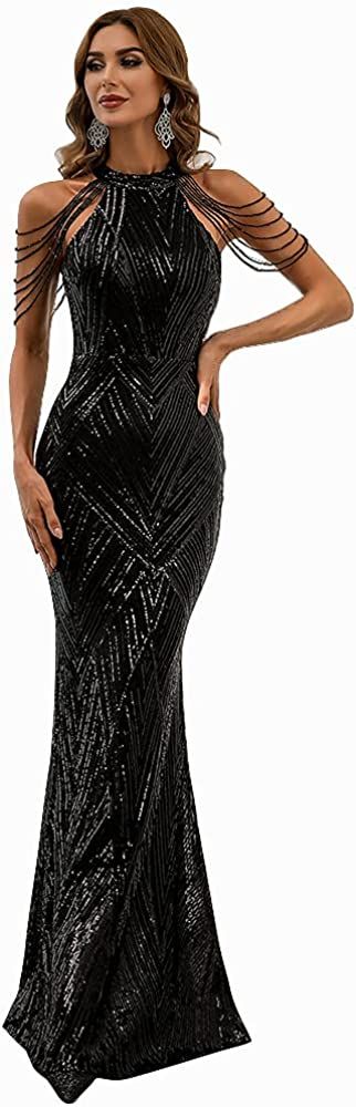 Miss ord Women's Formal Halter Sequin Tassel Bodycon Maxi Prom Dress, Elegant Mermaid Evening Gown | Amazon (US)