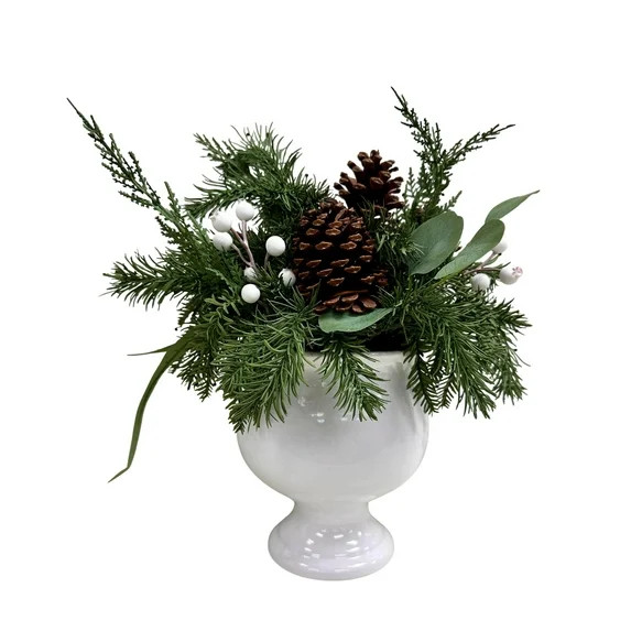 Greenery, Berries, and Pinecones Arrangement in White Ceramic Pot Christmas Tabletop Decoration, ... | Walmart (US)