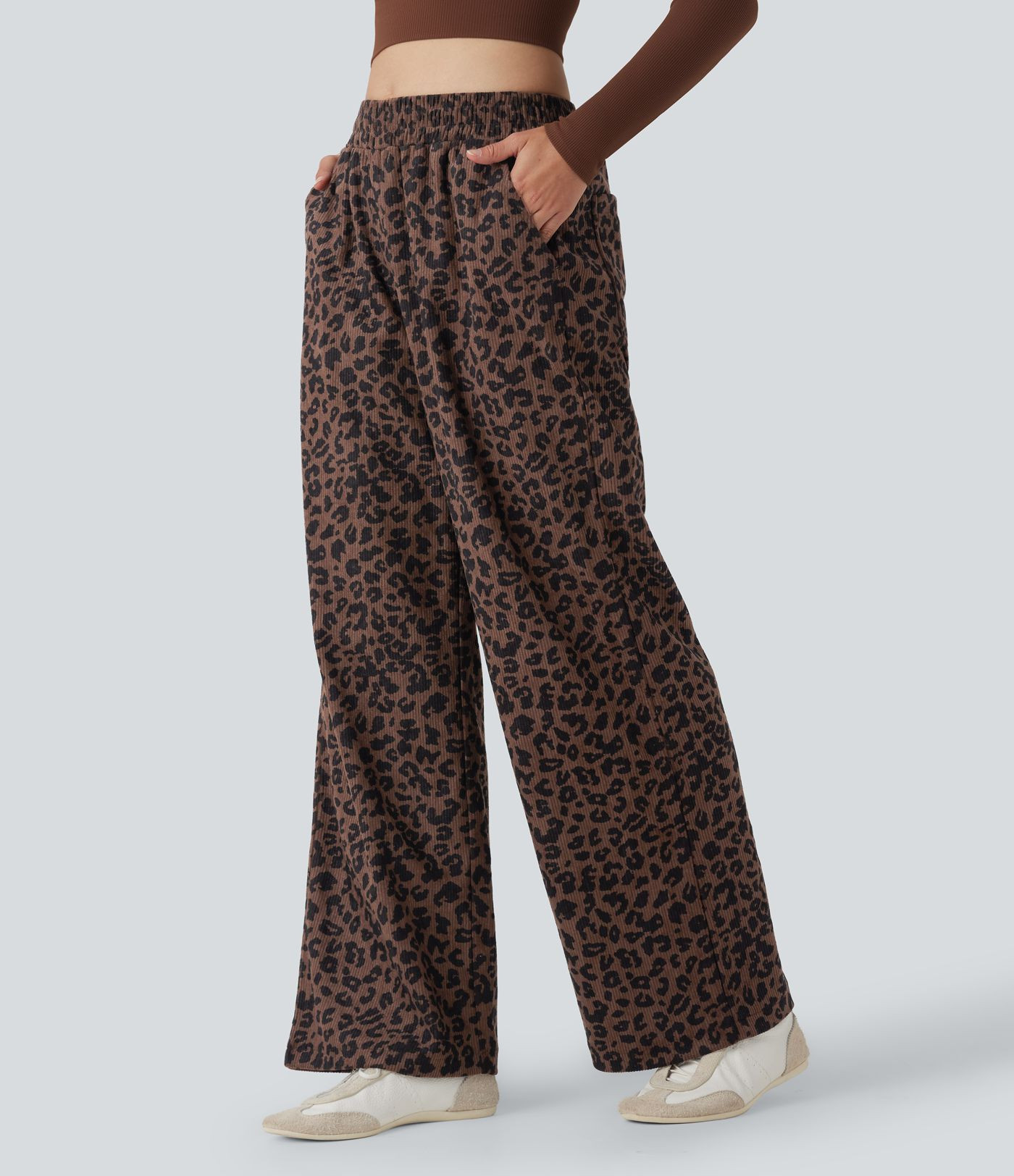 Women’s High Waisted Leopard Print Corduroy Casual Baggy Pants with Pockets - Halara | HALARA