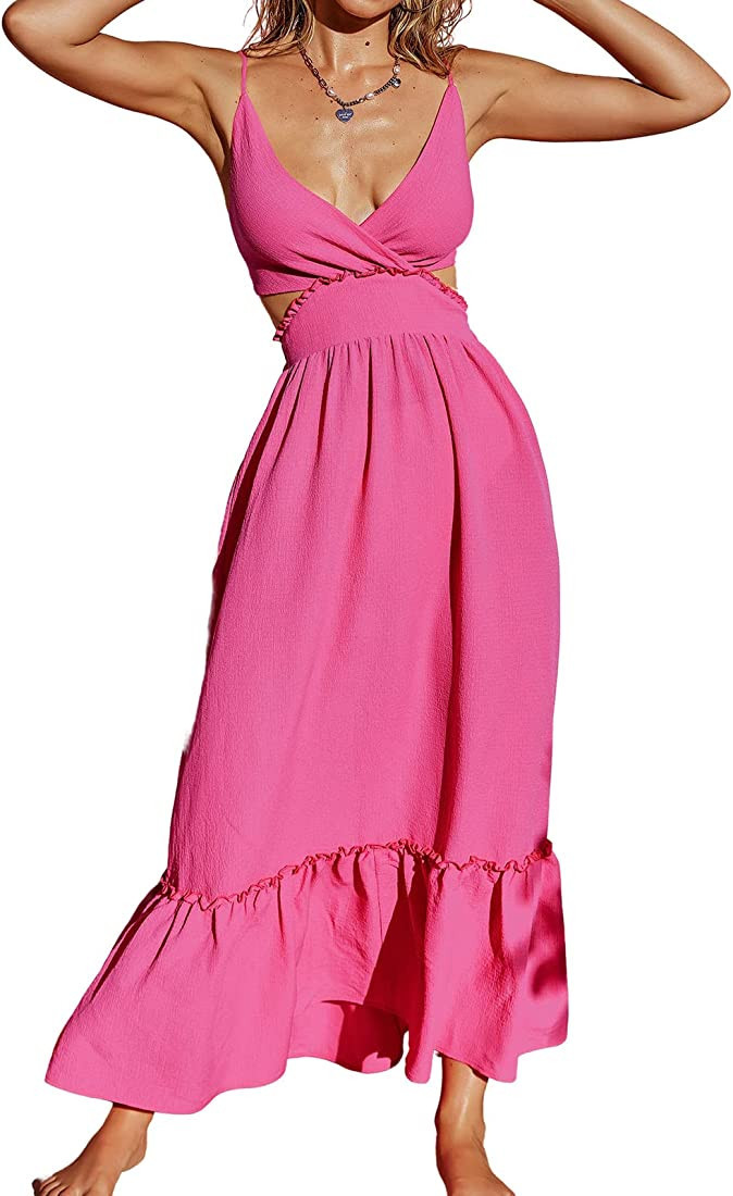 CUPSHE Women's V Neck Cutout Plunge Cami Dress Pleated Long Formal Dress A Line Lace Up Maxi Dres... | Amazon (US)