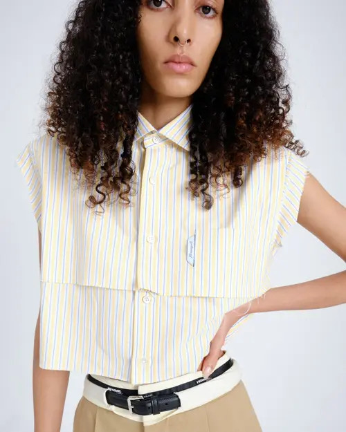 Hommegirls Sleeveless Layered Cropped Shirt in Yellow Stripe Oxford at Nordstrom, Size Small | Nordstrom