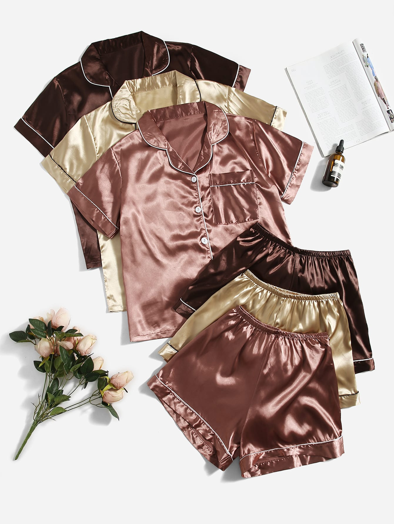 3sets Contrast Piping Satin Blouse & Shorts PJ Set | SHEIN