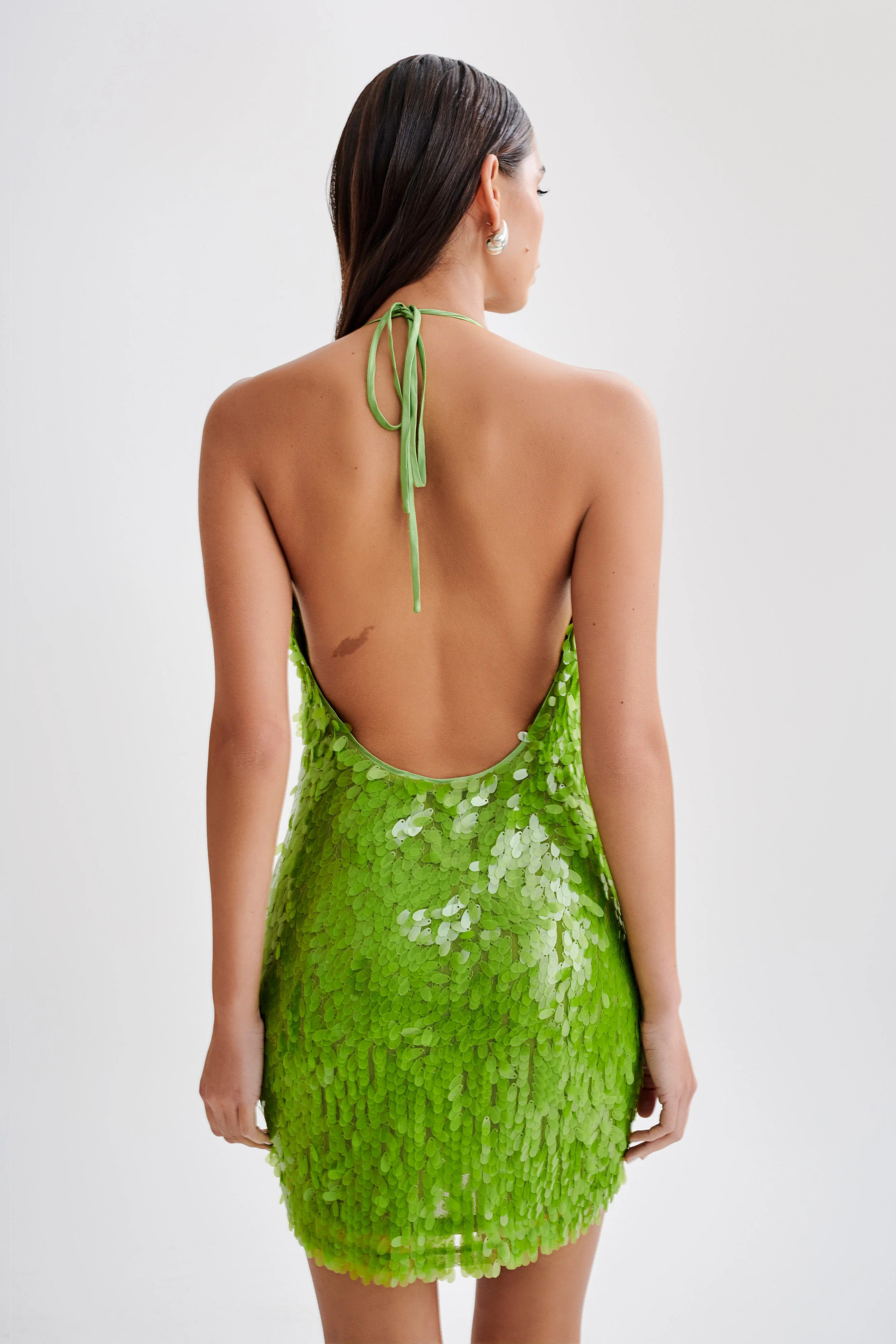 Primrose Sequin Halter Mini Dress - Parakeet Green | MESHKI US