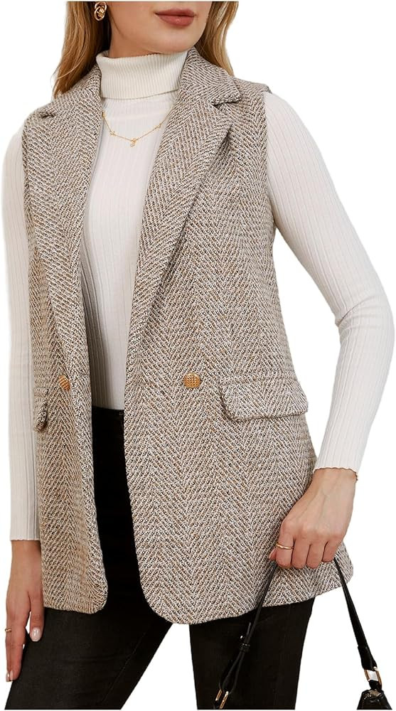 MakeMeChic Women's Tweed Blazer Vest Sleeveless Lapel Collar Business Casual Jacket Coat | Amazon (US)