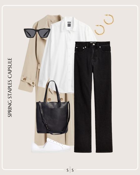 Spring Staples Capsule Wardrobe outfit idea | trench coat, white button up, black denim, white sneakers, tote bag, gold jewelry hoops, sunglassess

See the entire staples capsule on thesarahstories.com ✨ 


#LTKstyletip