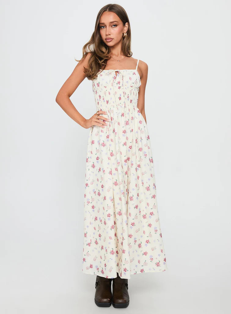 Pearle Shirred Maxi Dress White Floral | Princess Polly US