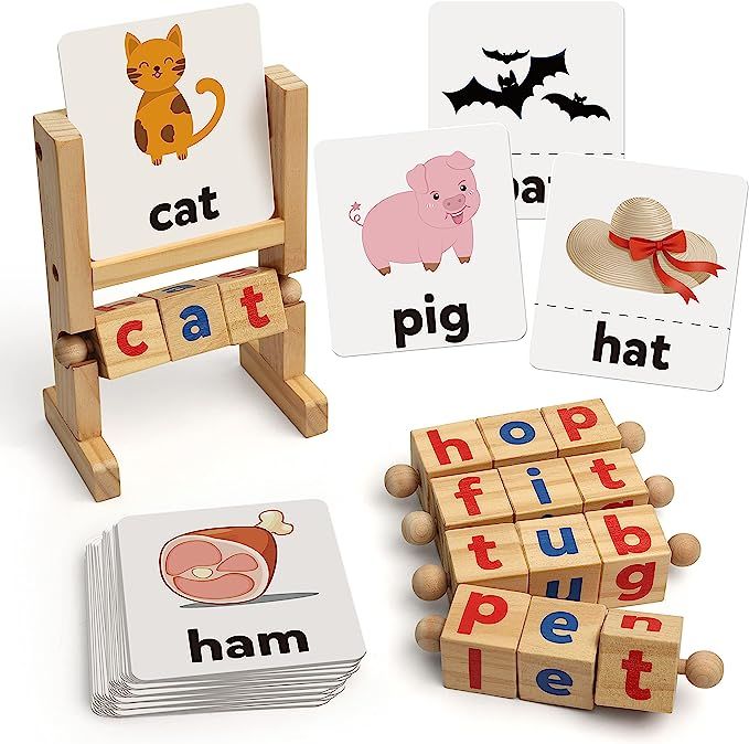 Coogam Wooden Reading Blocks Short Vowel Rods Spelling Games, Flash Cards Turning Rotating Letter... | Amazon (US)