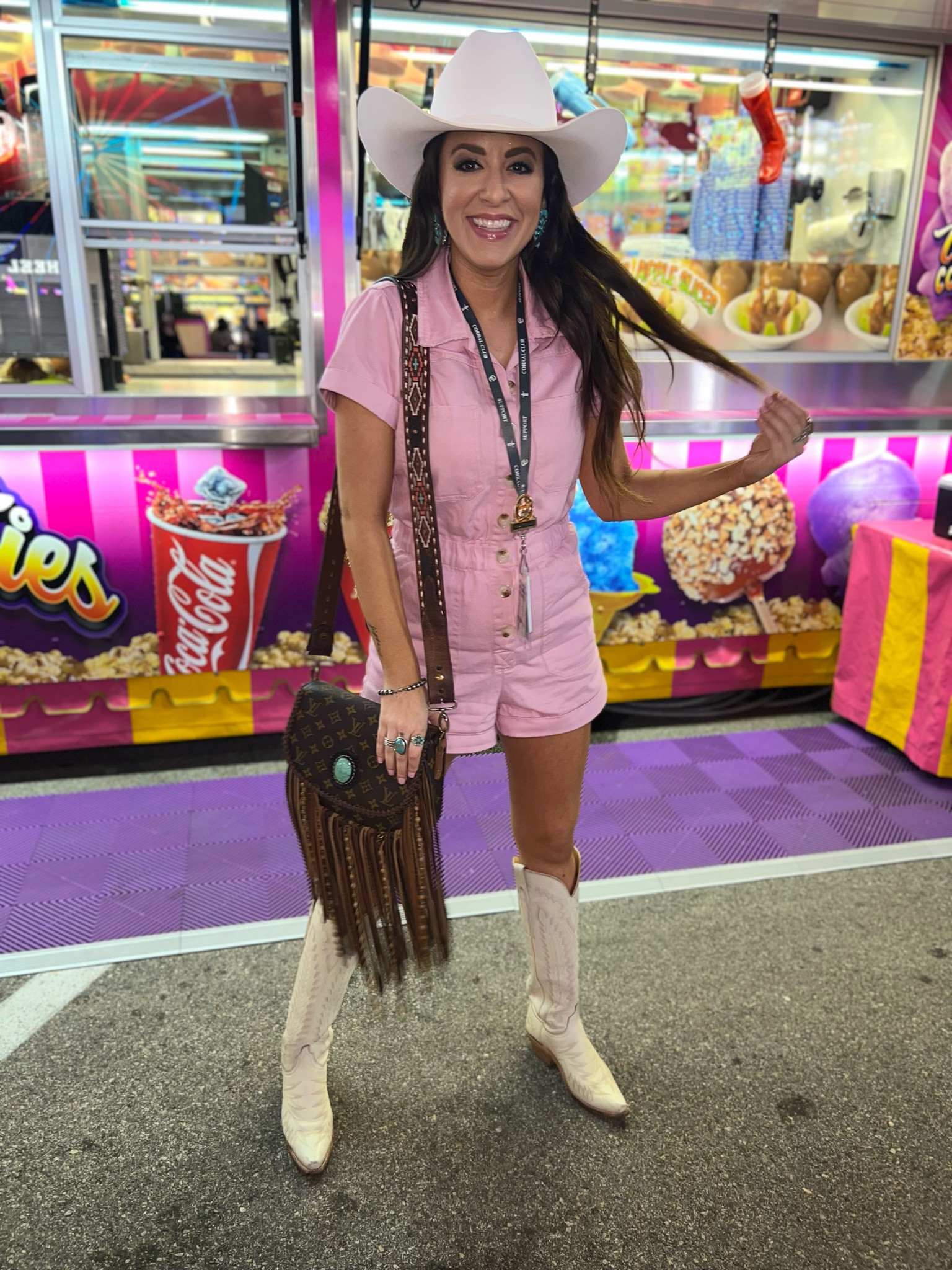 Pink romper, pink jumpsuit, cowboy boots, cowgirl boots, fringe bag, cowboy hat, turquoise jewelry, Louis Vuitton, Western style, western fashion, vacation outfits, spring outfits, swimsuits, living room, work outfit, wedding guest, resort wear, maternity, date night, Easter #ootd #cowgirl #ootn

#LTKFind #LTKFestival #LTKSeasonal