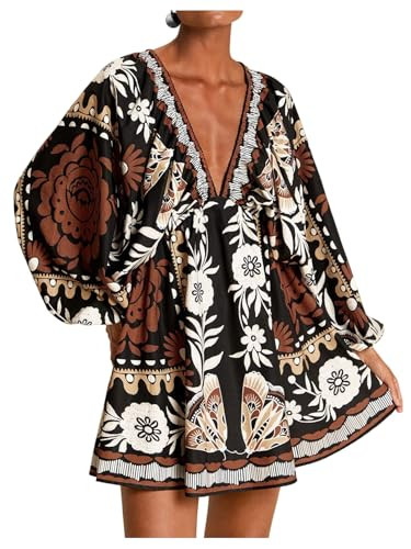 WDIRARA Women's Tropical Floral V Neck Short Dress Flowy Boho Dresses | Amazon (US)
