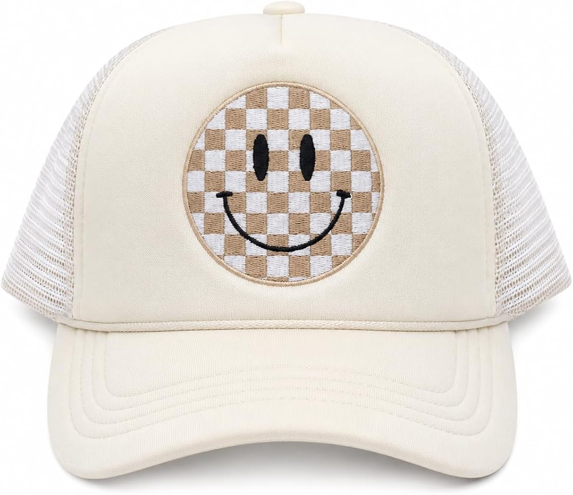 Smiley Face Trucker Hat for Women \u2013 Beige Checkered Embroidered Happy Face Mesh Snapback Cap... | Amazon (US)