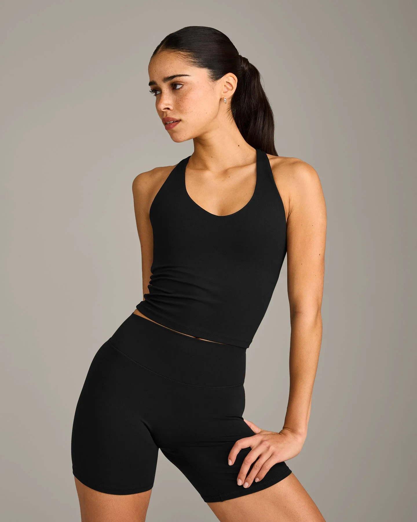 SoftMotion\u2122 Racer Back Mid Tank Top with Built in Bra Shelf with Gray Logo 
 Black | Oner Active (UK / US)