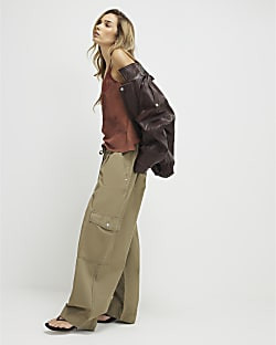 Khaki Barrel Leg Cargo Trousers | River Island UK & IE