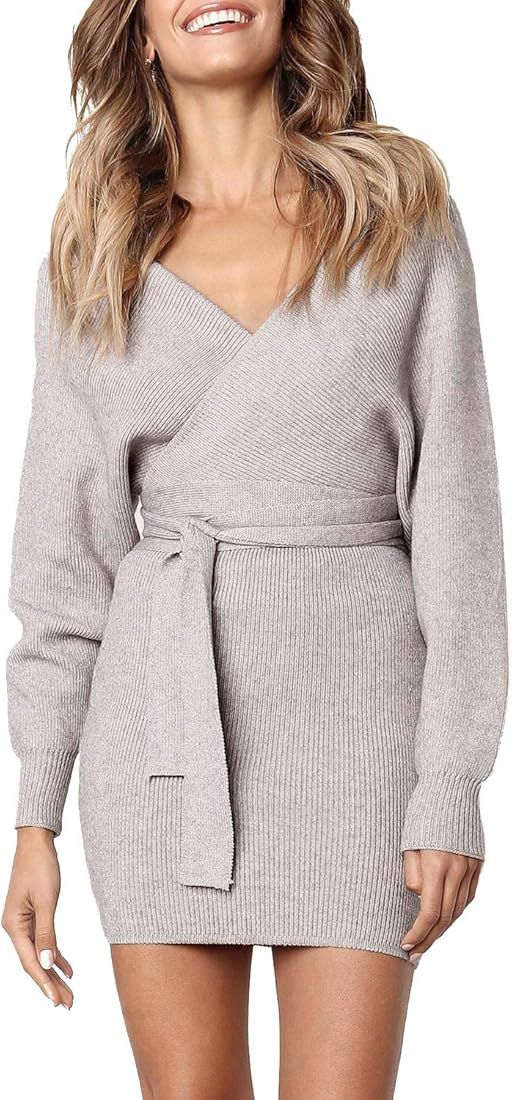 Huaxiafan Women's Sexy V Neck Wrap Belted Batwing Long Sleeve Backless Pencil Bodycon Knitted Mini S | Amazon (US)