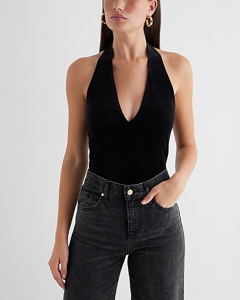 Body Contour Velvet Deep V-Neck Halter Bodysuit | Express