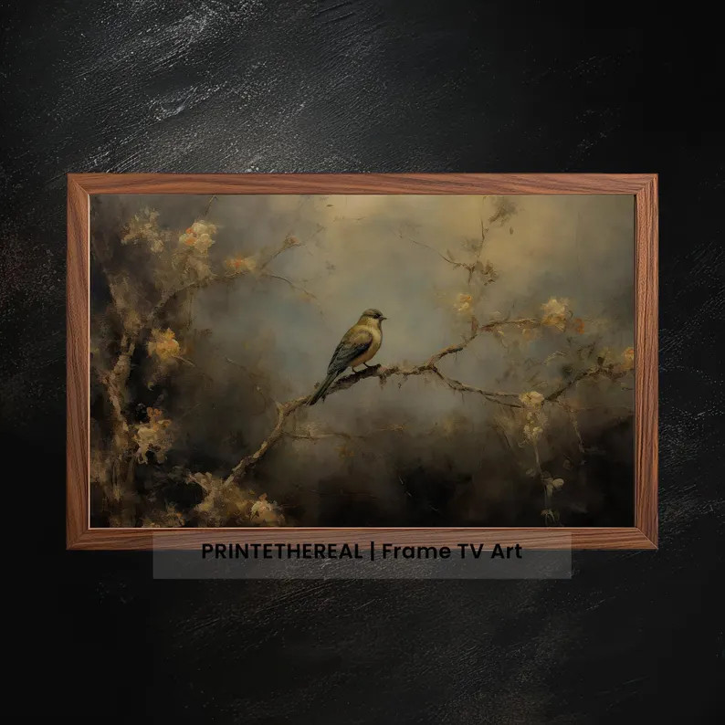 Solitary Bird Samsung Frame TV Art | Vintage Bird Landscape Painting, Moody Room Decor, Digital D... | Etsy (US)