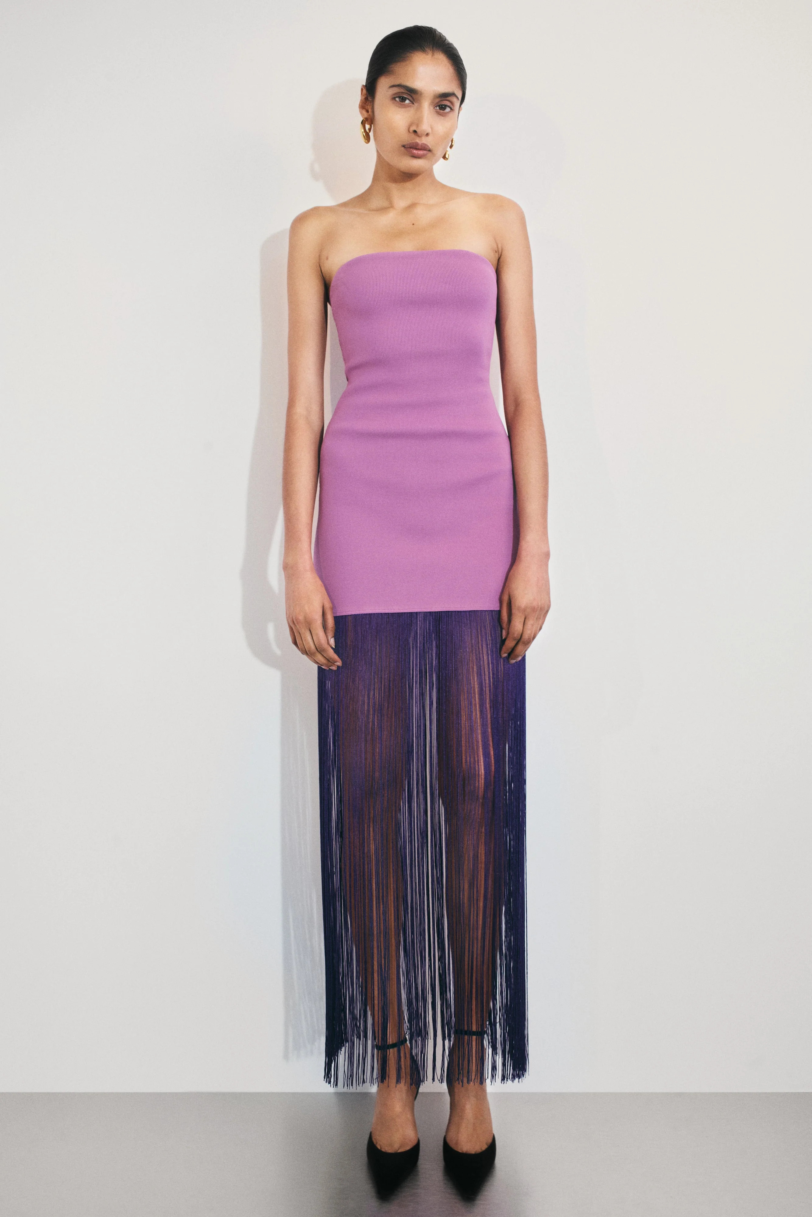 Koah Fringe Bandage Knit Maxi Dress - Purple | MESHKI US