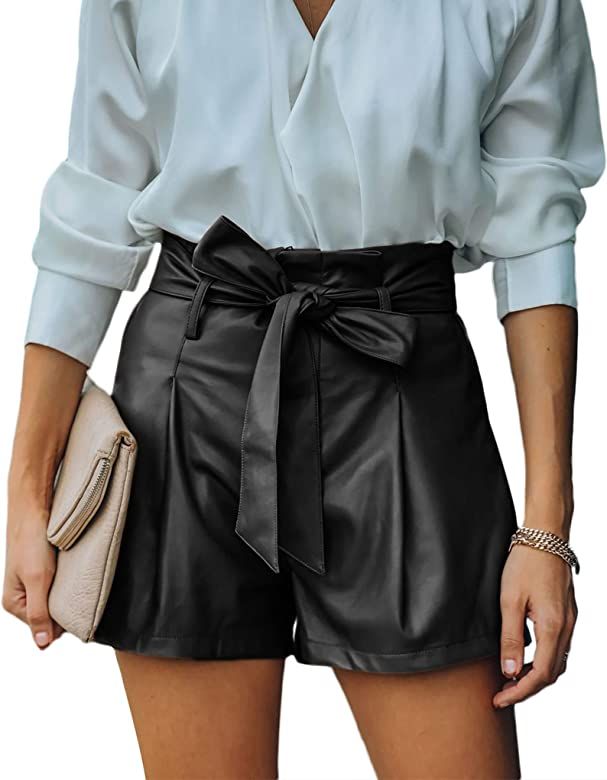 DZOVUTTZ Faux Leather Shorts High Waisted Wide Leg with Pockets for Women | Amazon (US)