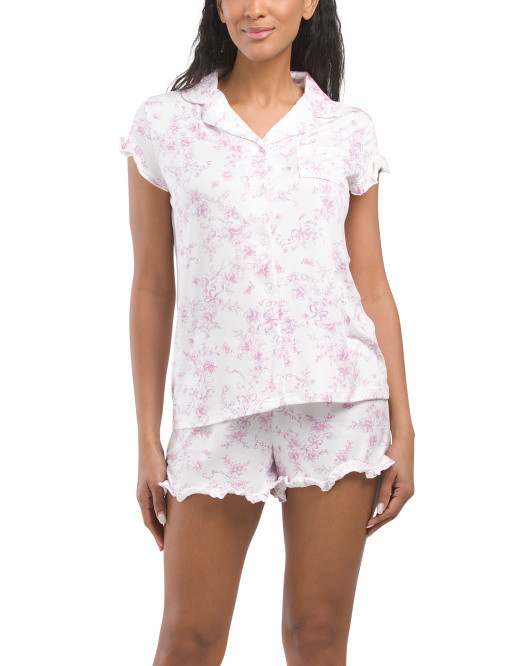 2pc Bow Print Notch Collar Pajama Top And Shorts Set With Ruffle Trim | TJ Maxx