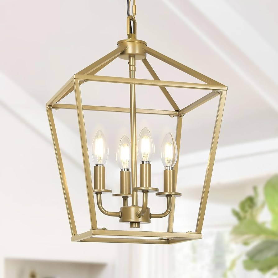 4 Light Chandelier Light, Modern Ceiling Lighting with Metal Cage, Gold Lantarn Fixture Adjustabl... | Amazon (US)