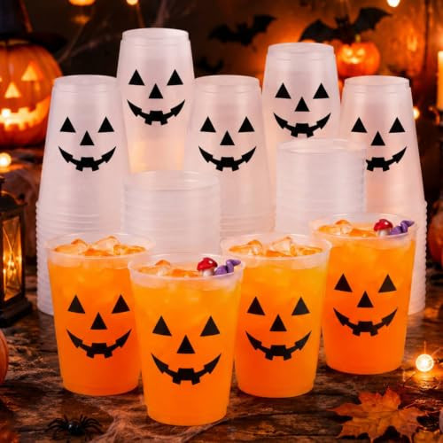 Tioncy 50 Pcs 16oz Halloween Pumpkin Frosted Plastic Cups, Pumpkin Face Plastic Cups, Halloween Clear PP Frosted Reusable Cup Bulk for Pumpkins Party Decorations Hot Coffee Wine Cold Drinks | Amazon (US)