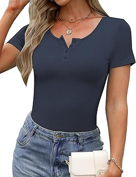 GKBK Ribbed Short Sleeve Tops for Women Henley Button Up Slim Fitted Tight Basic Tee Tshirts Cute Spring Summer Tops Blouse 2025 Trendy Outfits Dark Blue XS at Amazon Women\u2019s Clothing store | Amazon (US)