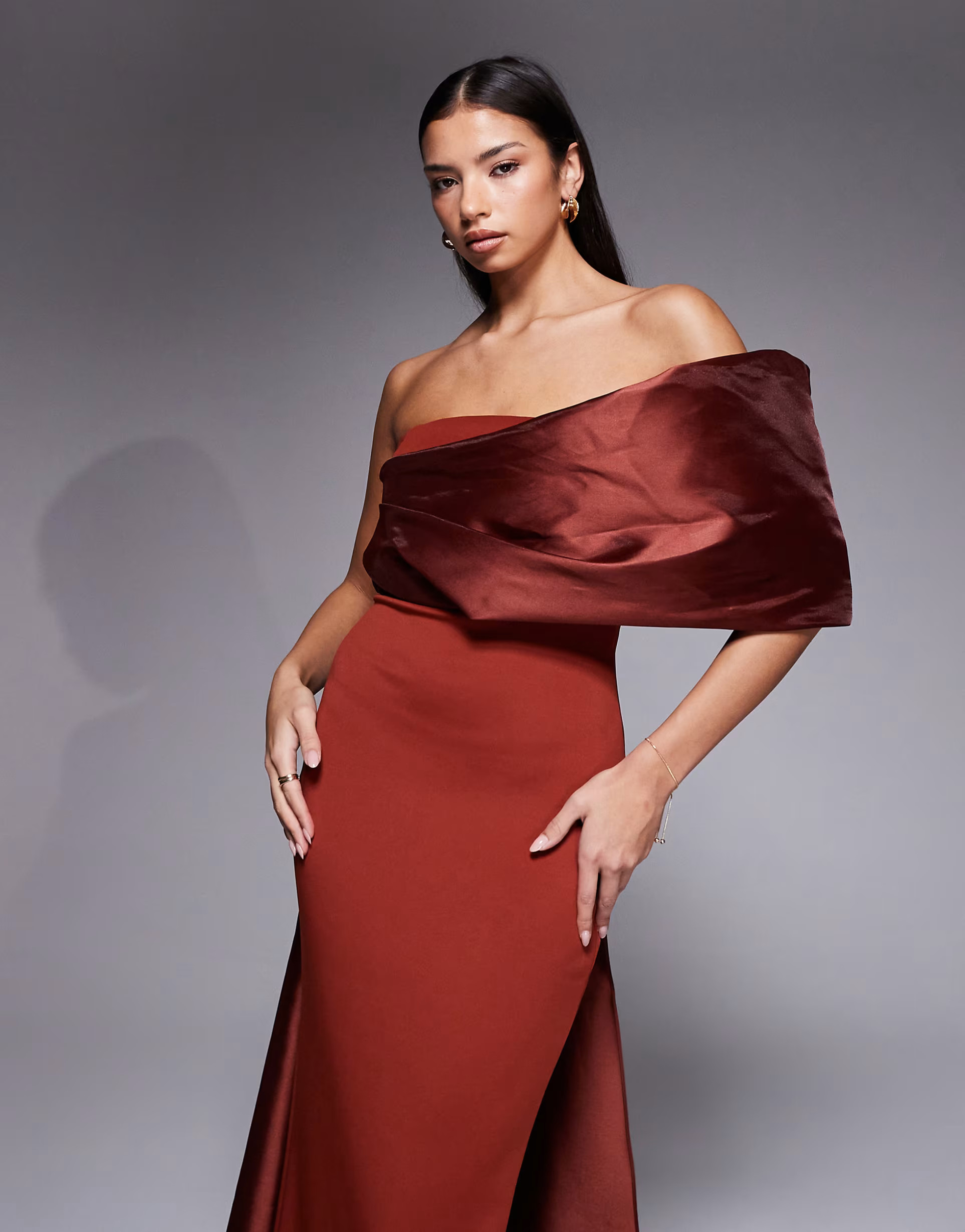 ASOS DESIGN Premium one shoulder draped maxi dress with contrast satin train in rust scuba-style ... | ASOS (Global)