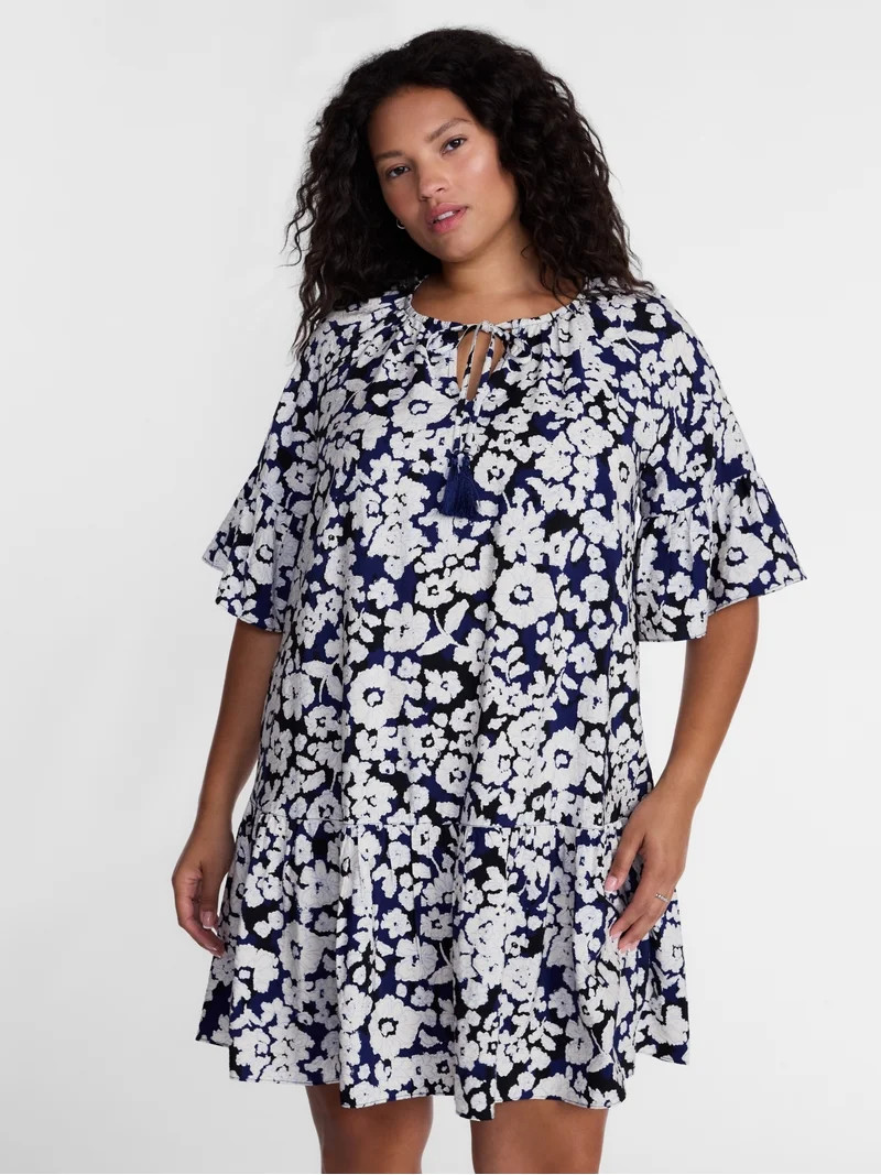 Terra & Sky Women's Plus Tie Front Mini Swing Dress with Short Puff Sleeves, Sizes 0X-4X | Walmart (US)