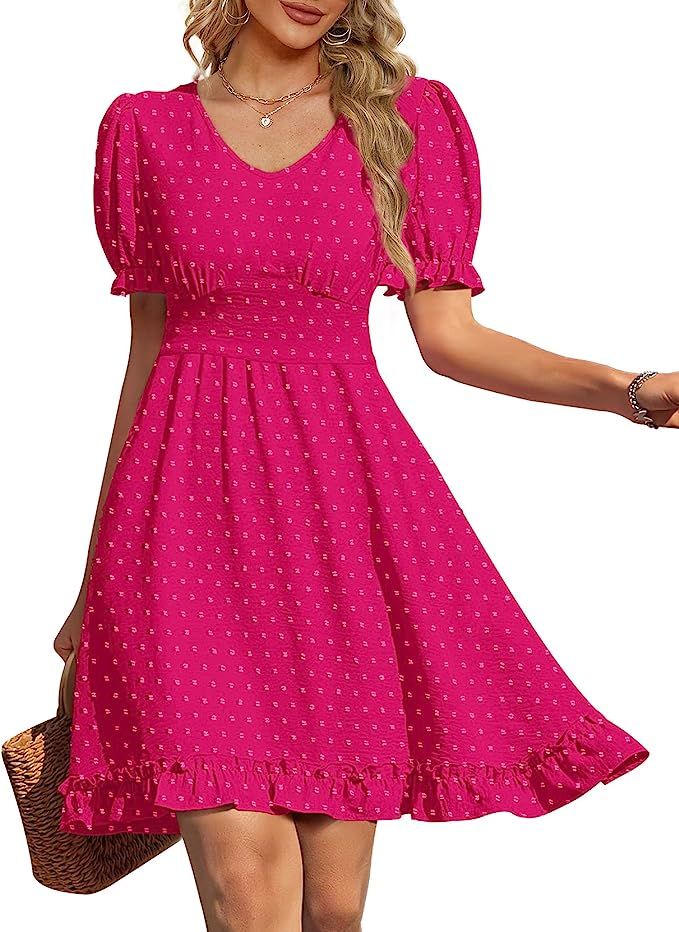 OFEEFAN Women Summer Dresses V Neck Short Sleeve Swiss Dot Mini Dress with Pockets | Amazon (US)