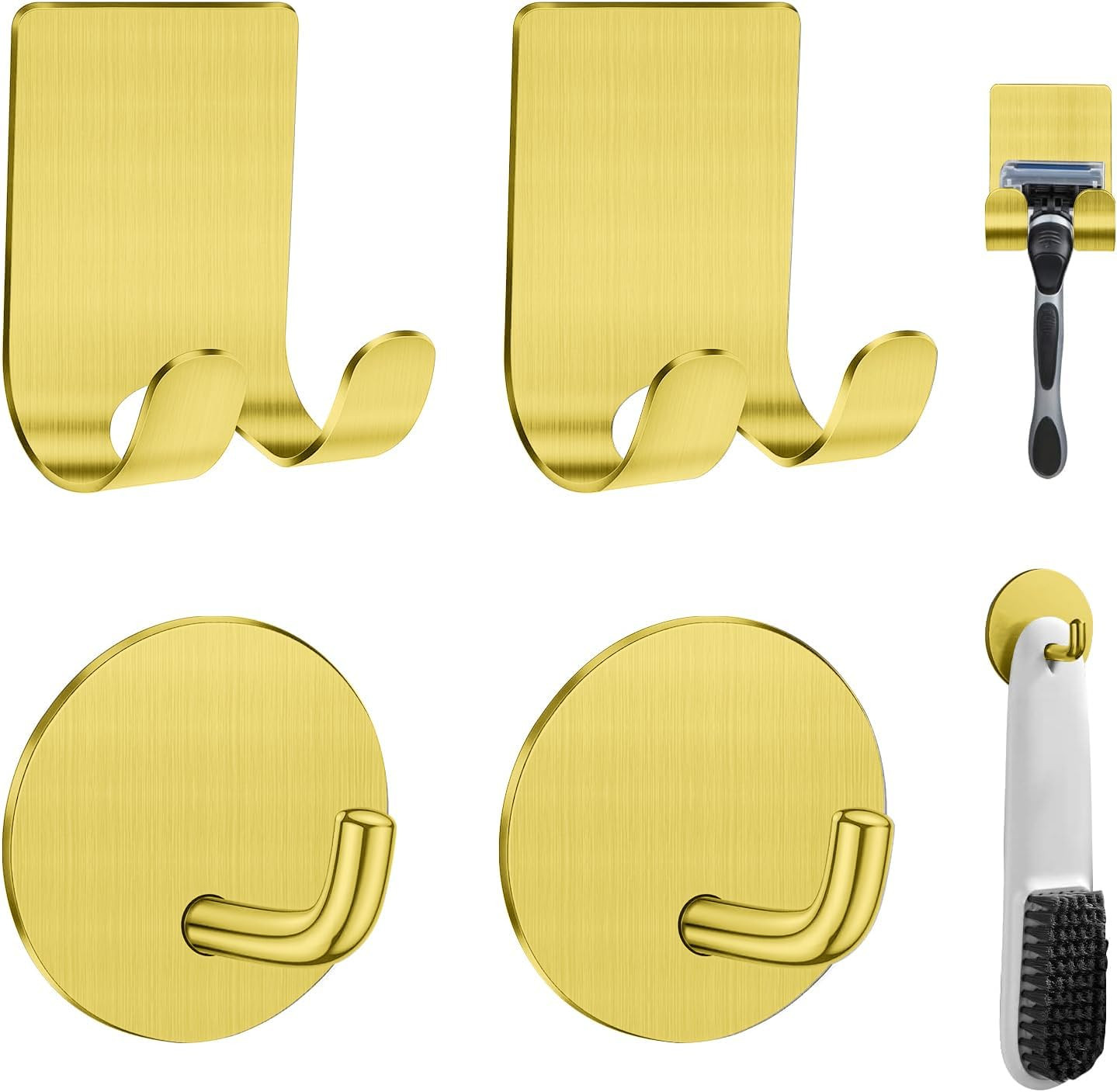 Razor Holder for Shower + Adhesive Wall Hooks, Premium 304 Stainless Steel Shower Razor Holder with Heavy Duty Waterproof Sticky Hooks for Hanging Towels, Coat, hat (2+2 Pack)-Gold | Amazon (US)