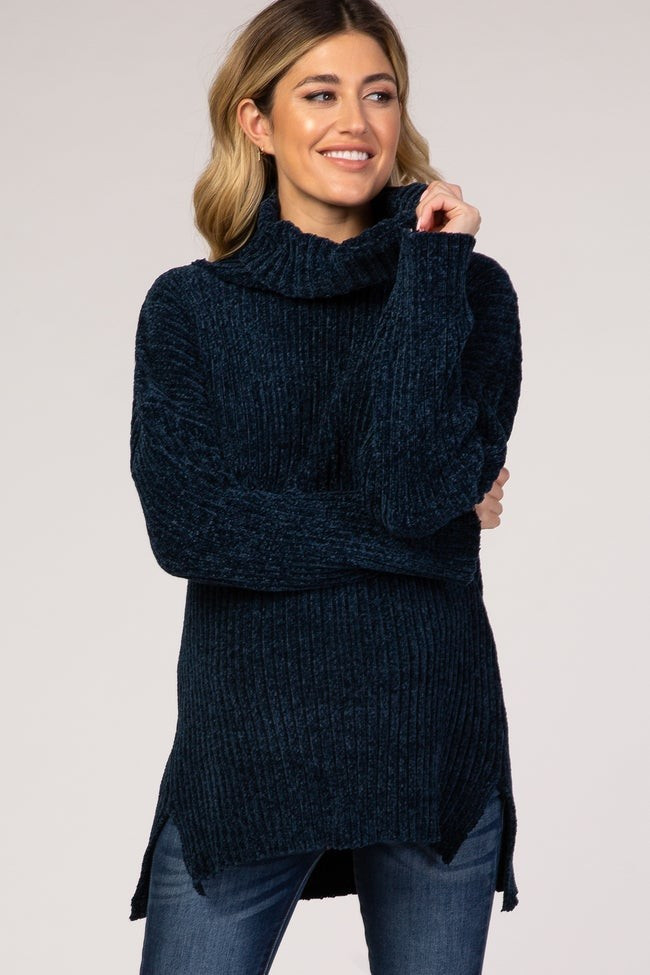 Navy Blue Ribbed Chenille Turtleneck Maternity Sweater | PinkBlush Maternity