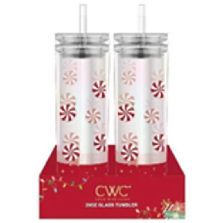 Cook With Color 2-Pack 20oz Glass Holiday Water Bottle with Lid & Straw, Peppermints | Walmart (US)