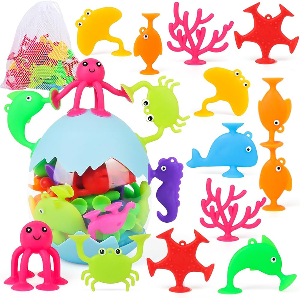 Toddler Suction Bath Toys, No Hole Bathtub Shower Toys for Kids Ages 3+, 24PCS Ocean Suction Cup ... | Amazon (US)