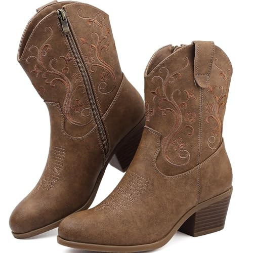BKWHDAY Cowboy Boots For Women Cowgirl Boots Brown, Western Short Ankle Boots For Women With Embroidered Design, Round Toe Side Zipper Block Heel For Casual Wear | Amazon (US)