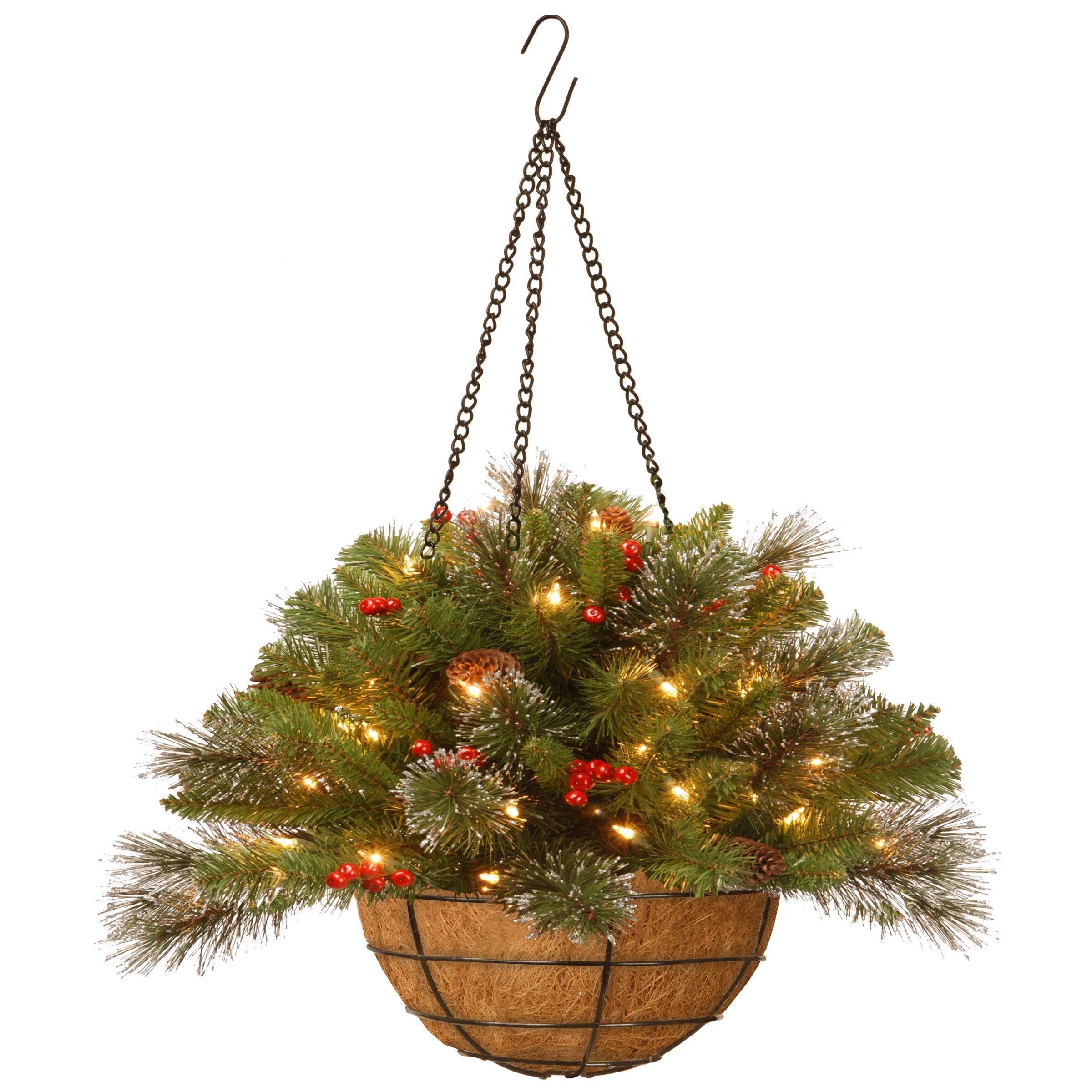 National Tree Company Pre-Lit Artificial Christmas Hanging Basket, Crestwood Spruce, Decorated Wi... | Walmart (US)