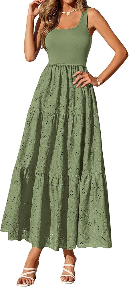 BTFBM Women Summer Eyelet Midi Dresses Casual Spring 2026 Sleeveless A Line Flowy Vacation Beach ... | Amazon (US)