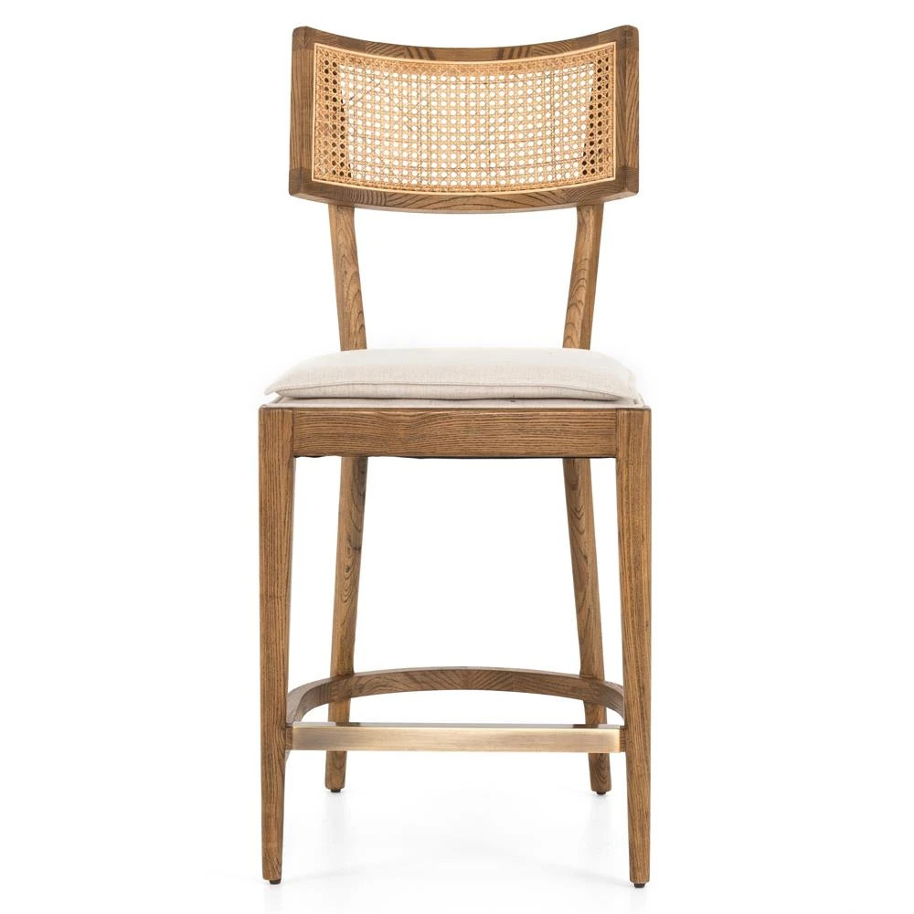 Tina Modern Cream Performance Upholstered Woven Cane Brown Wood Counter Stool | Kathy Kuo Home