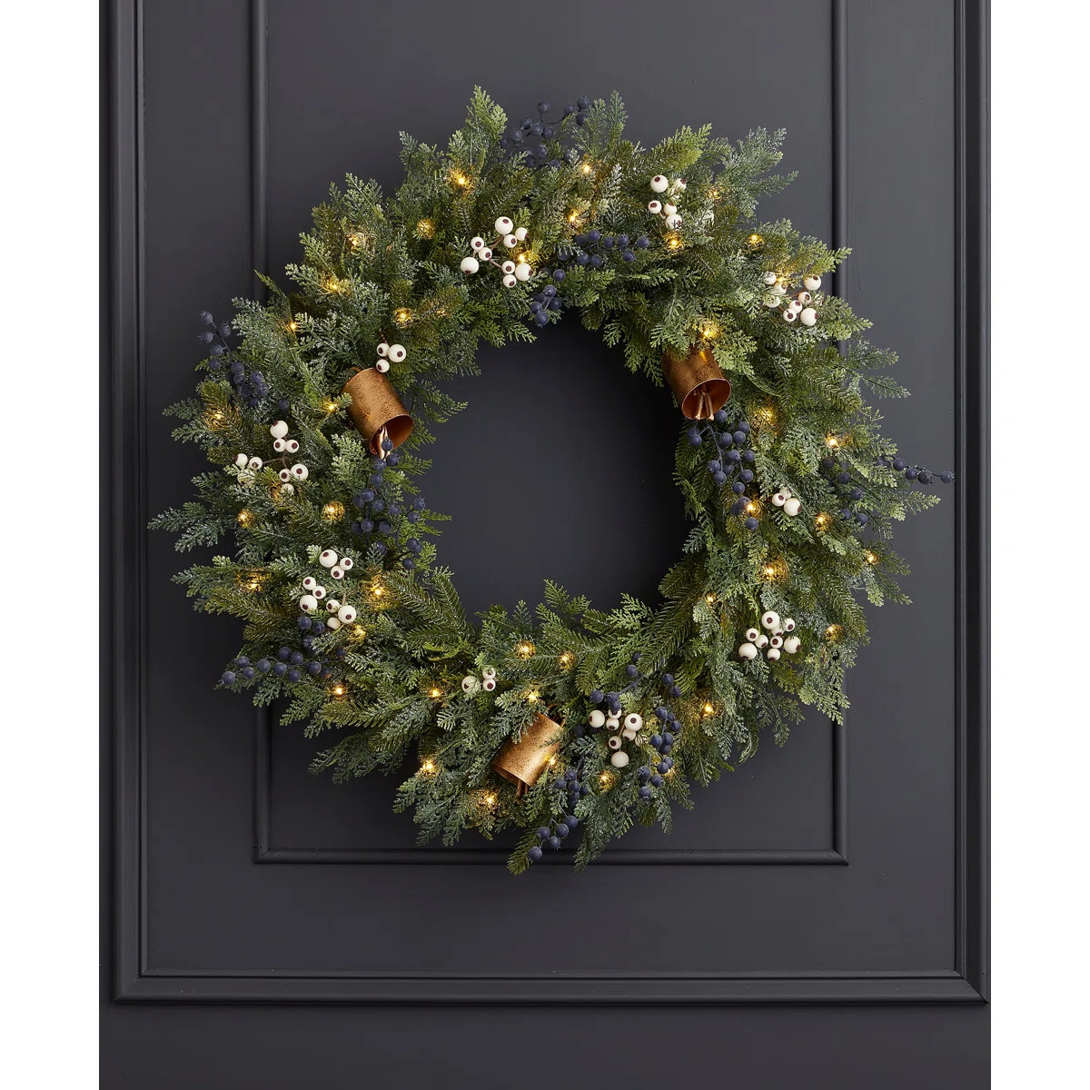 Mixed Mica Foliage with Blueberries and Harmony Bells 30in Wreath Pre-Lit Fairy Lights B/O | Wayfair North America