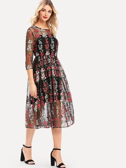 SHEIN Flower Embroidered Mesh Dress with Cami | SHEIN