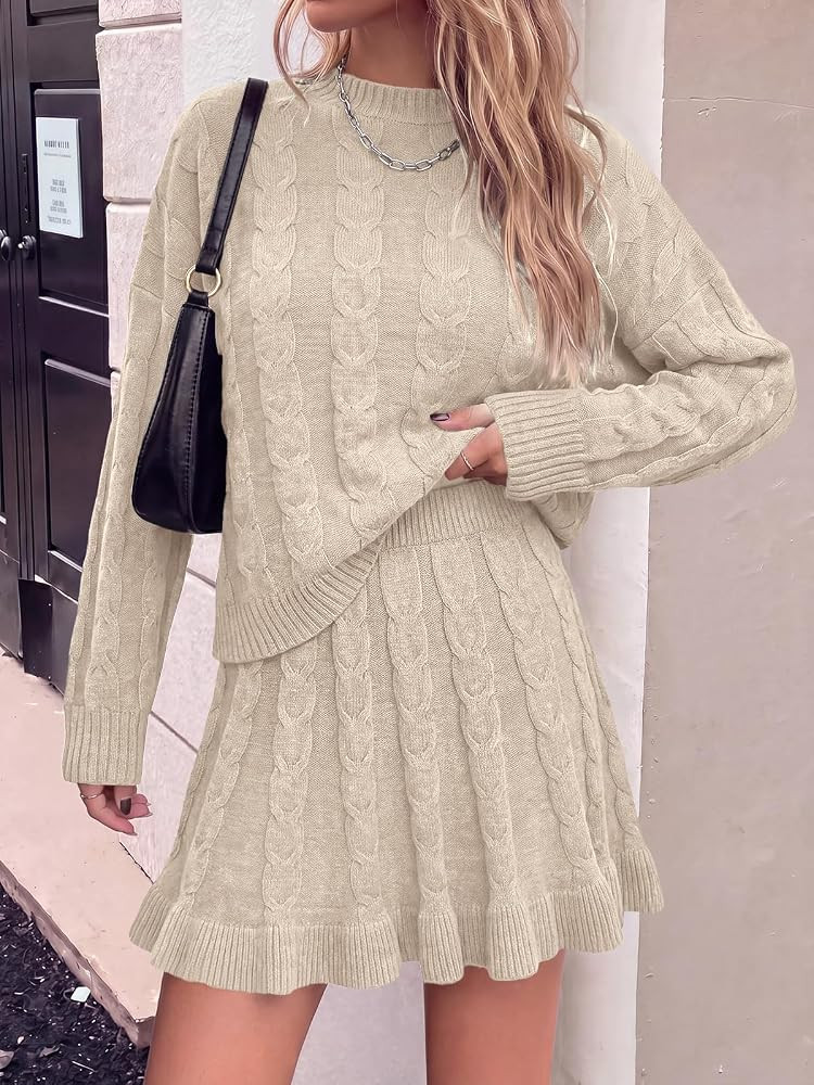 Tankaneo Womens 2 Piece Sweater Skirts Set Chunky Cable Knit Ruffle Skirt | Amazon (US)