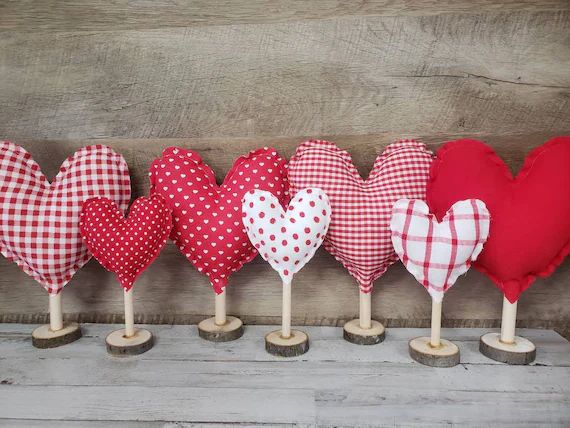 Fabric Hearts on Wooden Stand, Valentine Mantel Decor, Farmhouse Valentine's Decor, Valentine Cof... | Etsy (US)