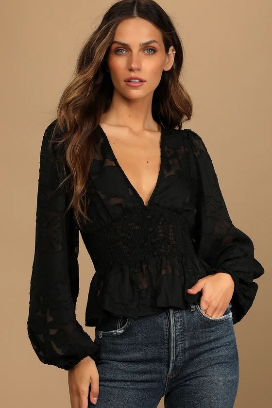 Patio Date Black Floral Jacquard Button-Up Long Sleeve Top | Lulus (US)