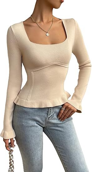 SHENHE Women's Square Neck Long Sleeve Ribbed Knit Ruffle Hem Pullover Sweater Tops | Amazon (US)