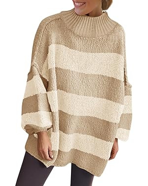 Saodimallsu Womens Oversized Striped Sweater Mock Neck Chunky Knit Lantern Long Sleeve Fall Trend... | Amazon (US)