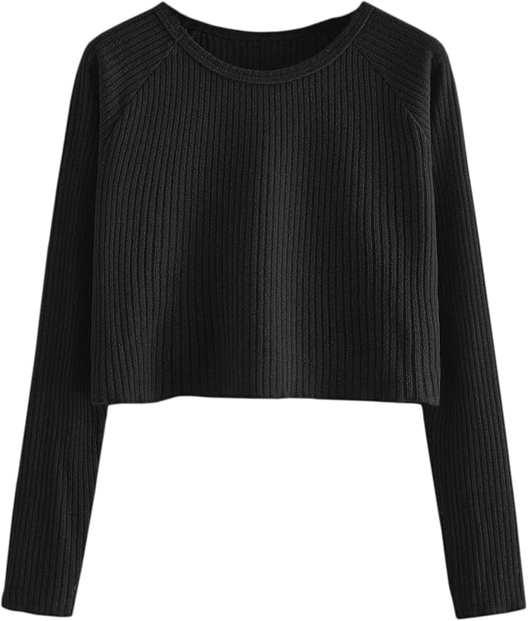 SweatyRocks Women's Casual Solid Ribbed Knit Raglan Long Sleeve Crop Top T Shirt | Amazon (US)