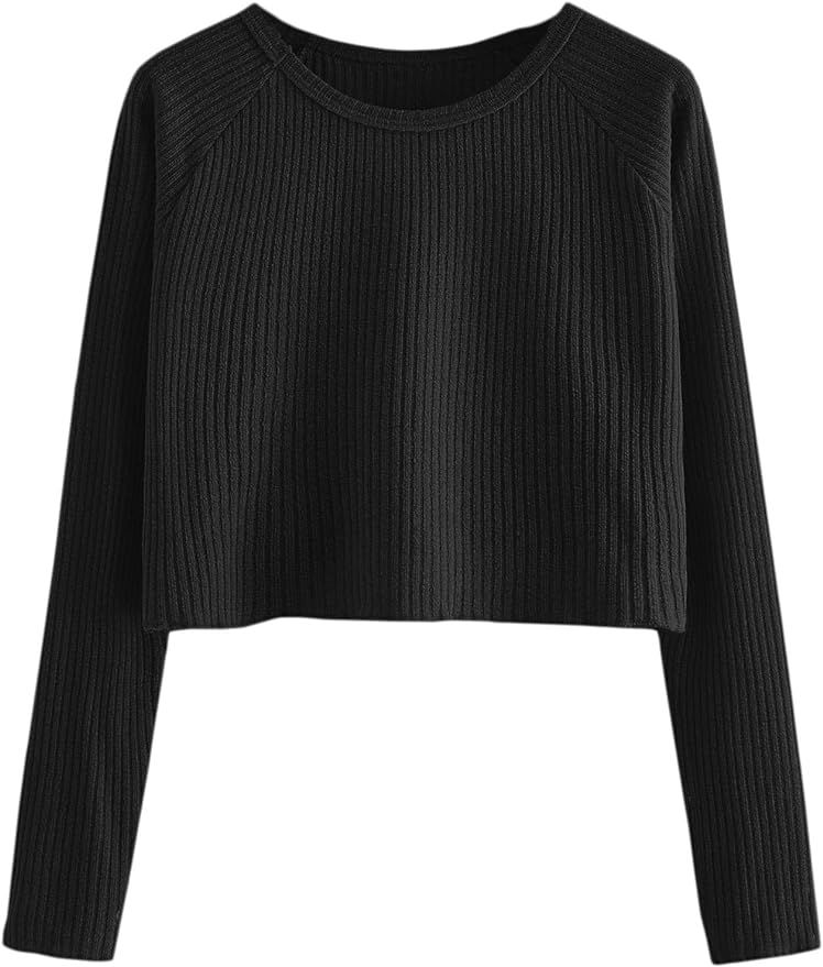 SweatyRocks Women's Casual Solid Ribbed Knit Raglan Long Sleeve Crop Top T Shirt | Amazon (US)
