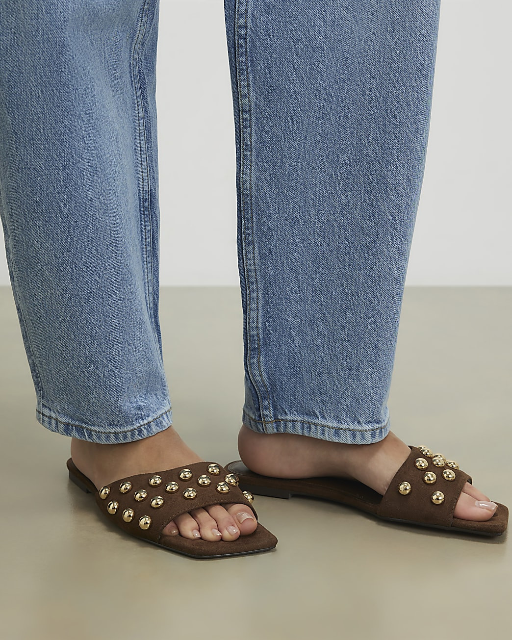 Brown Stud Flat Sandals | River Island UK & IE