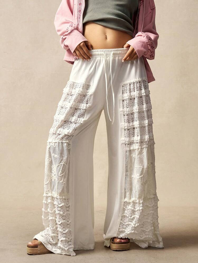 Bohemela Casual Solid Color Knit Contrast Lace Wide Leg Pants For Women, Suitable For Christmas, New Year, Party, Valentine's Day, Beach Vacation | SHEIN