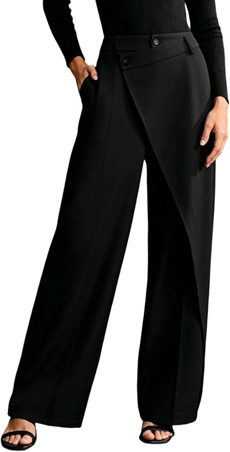 LETSVDO Women's Asymmetrical Dress Pants High Waisted Straight Wide Leg Warp Slacks Casual Work B... | Amazon (US)