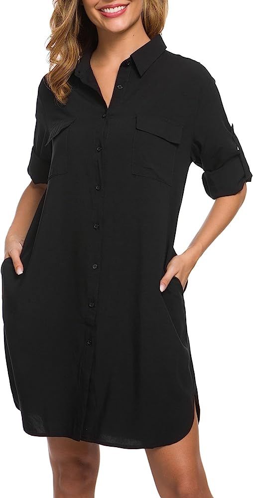 MANAIXUAN Women's Shirt Dress V Neck Long Sleeve Loose Casual with Pockets Front Button | Amazon (US)