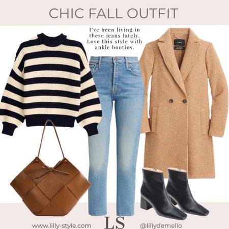 Stripe sweater, camel coat. Pair straight leg jeans over booties. Size go in these jeans, they run small.  
Affordable black bootie. These come in more colors.  

#LTKstyletip #LTKshoecrush #LTKSeasonal